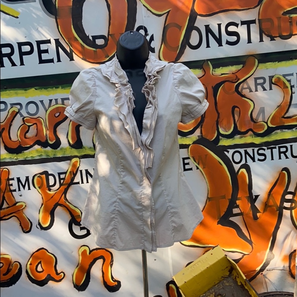 BCBG Maxazria Beige (S) ruffle short sleeve.